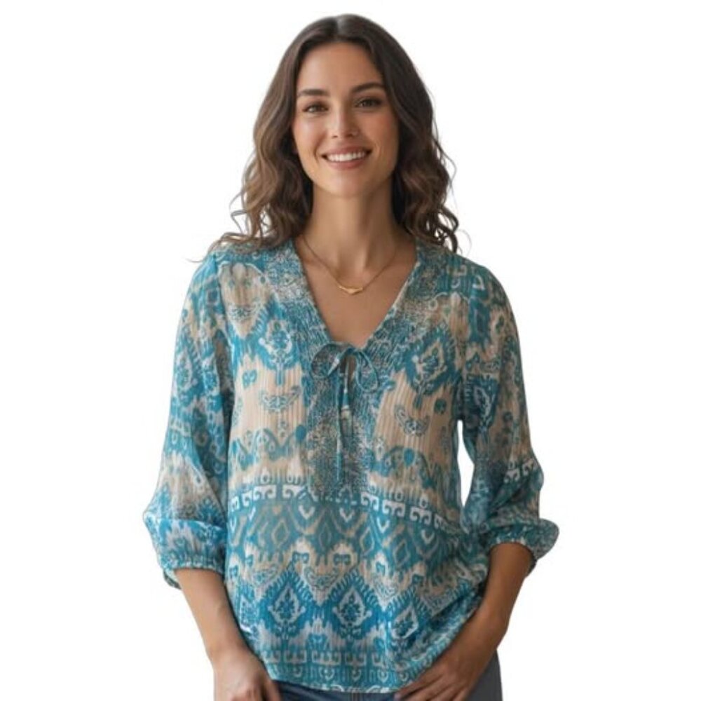 Raviya Layering Sheer Tunic. XL. Ikat pattern. Beaded V tie up front. Vacation
